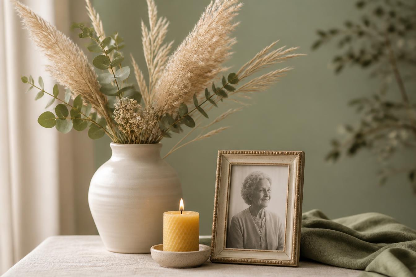Memorial elegante con flores secas, una vela y un retrato enmarcado