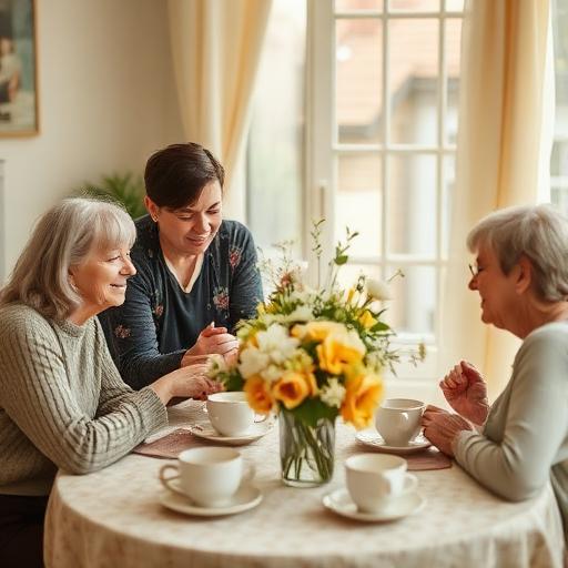 Reunión familiar alrededor de la mesa con flores